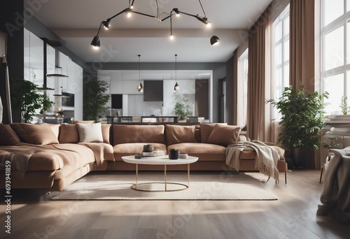 Modern apartment interior panorama 3d render