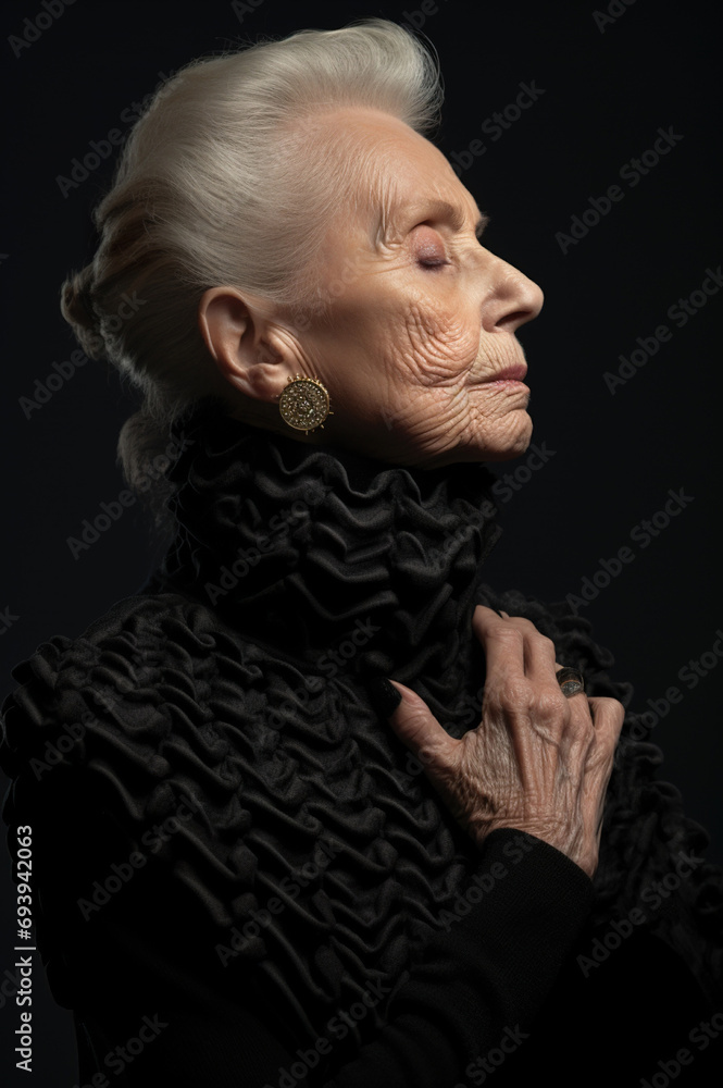 senior woman in black clothes and with closed eyes dreaming, older people and wisdom concept