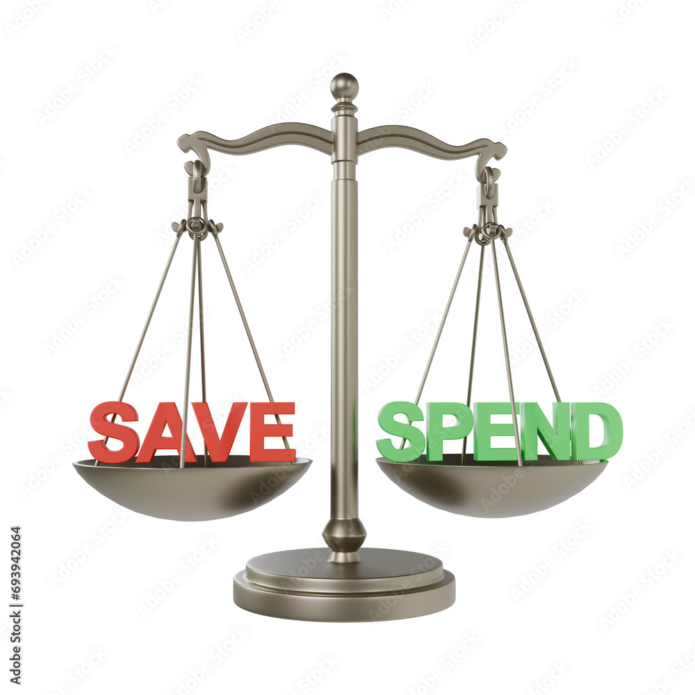 Save and Spend balance on the scale 3d illustration