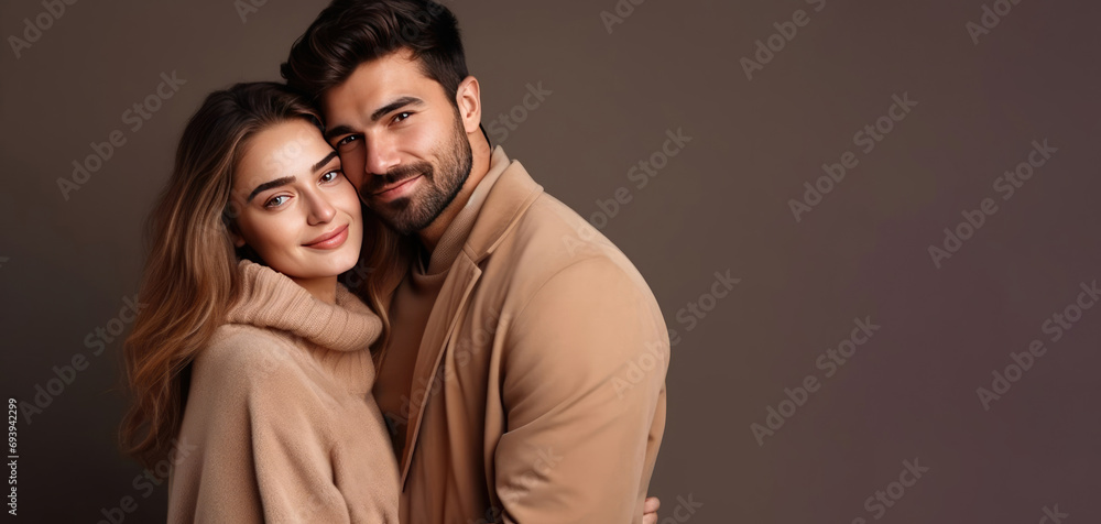 Guy and girl in beige clothes hugging on a simple monochrome background. Portrait, couple looking into the camera lens together. Valentine's Day concept, love. Copy space.