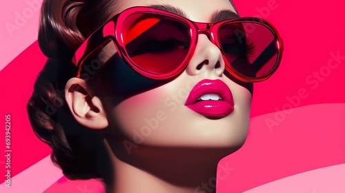 woman is wearing pink sunglasses, vividly bold designs, light red and dark pink, retro pop art
