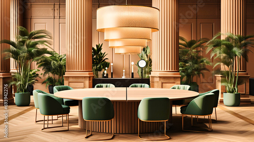 Opulent Conference Room with Large Round Table, Lush Greenery, and Statement Lighting Fixture