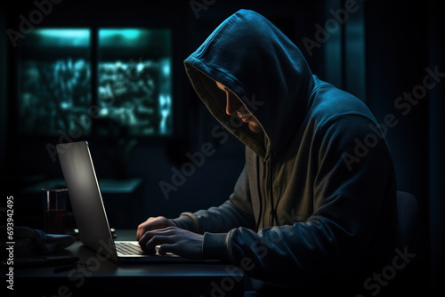 Hacker wearing hoodie in front of a laptop. Generative AI