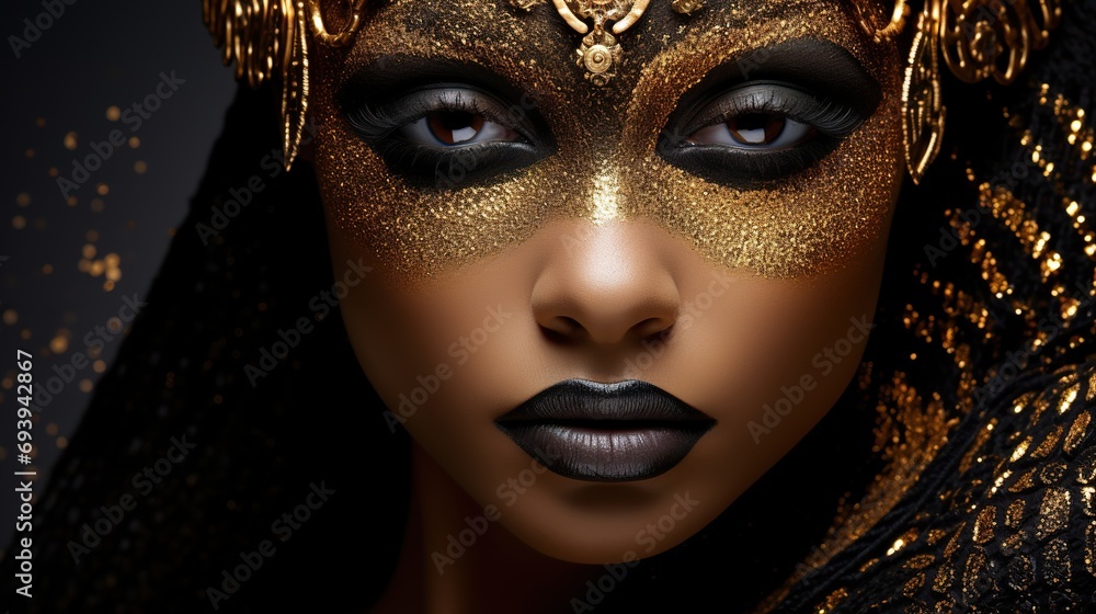 african queen with golden crown and jewelry, portrait of black woman in gold accessory