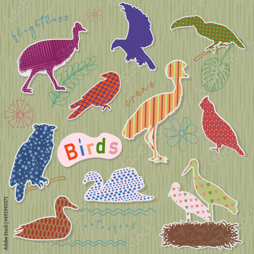 Scrapbook elements. Birds silhouettes with patchwork elements on green background. Vector illustration