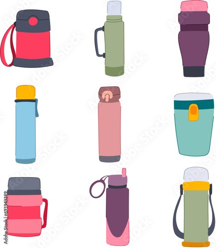 thermos set cartoon. drink flask, steel cap, metal tumbler thermos sign. isolated symbol vector illustration