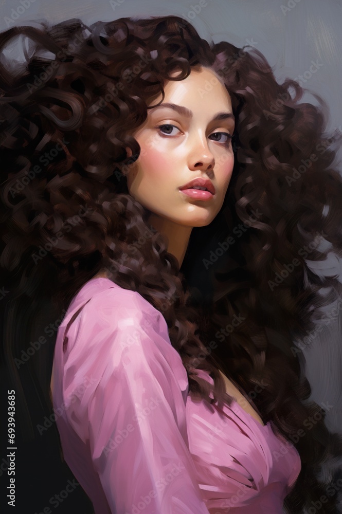 portrait of curly brunette woman on pink and purple background portrait of curly brunette woman on pink and purple background