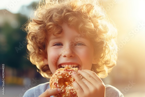 A young boy enjoying a delicious doughnut covered in colorful sprinkles. Perfect for food blogs  advertisements  or any sweet-themed projects