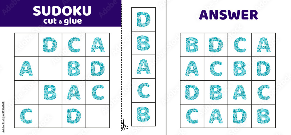 Sudoku with four floral letters A, B, C, D. Game puzzle for kids. Cut and glue. Doodle - obrazy, fototapety, plakaty 
