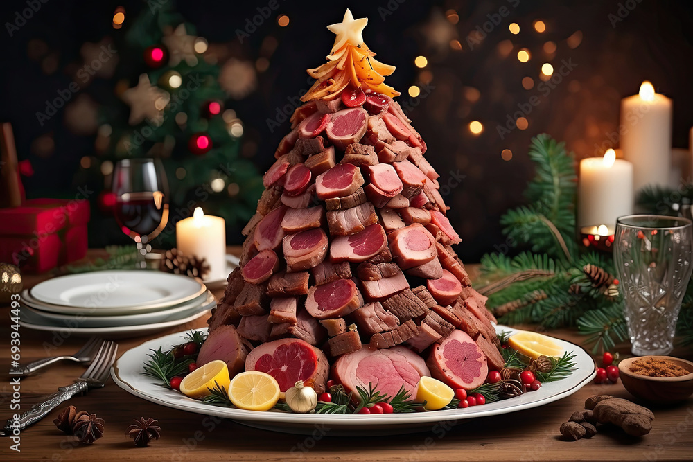 A Christmas tree made of meat steaks and sliced on a festive New Year's table. Protein food, meat diet A Christmas tree made of meat steaks and sliced on a festive New Year's table. Protein food, meat diet