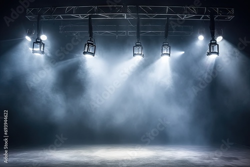 Dynamic stage lights. Electrifying stage illuminated with vibrant lights smoke and beams creating visually stunning atmosphere. Lively and energetic setting is perfect for concerts events and shows