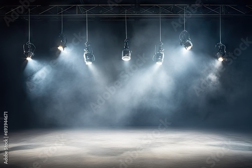 Dynamic stage lights. Electrifying stage illuminated with vibrant lights smoke and beams creating visually stunning atmosphere. Lively and energetic setting is perfect for concerts events and shows photo