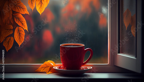 red cup with hot drink and wet autumnal window; Autumn season background, Ai generated image.