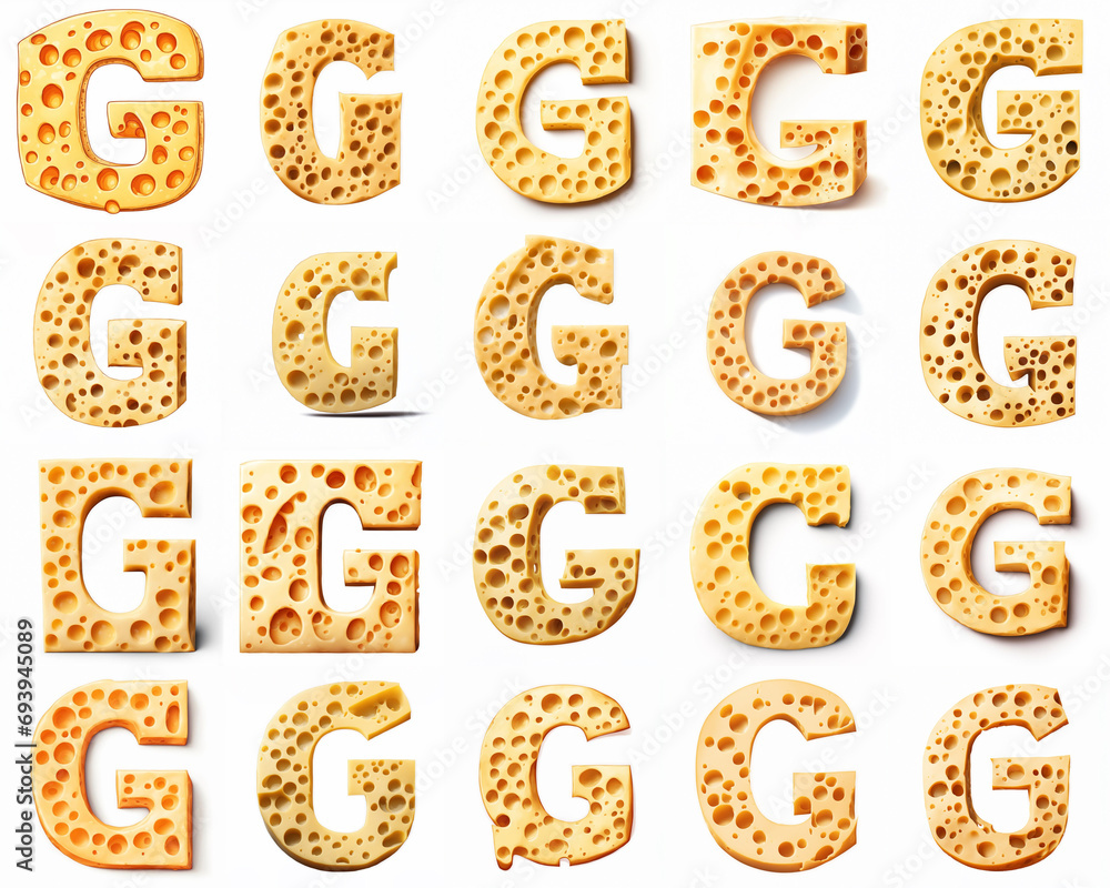 Group of various G shaped letters made from yellow cheese isolated on white background. Generative ai. Cheese font theme. Group of various G shaped letters made from yellow cheese isolated on white background. Generative ai. Cheese font theme.