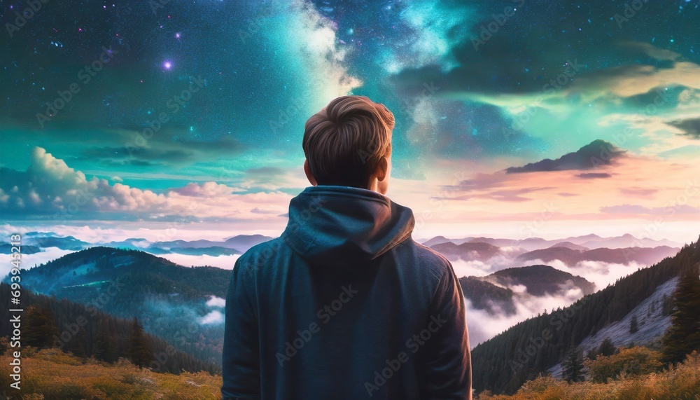 Tranquil Night Silhouette: Ambient Vibes with Hoodie-Girl or Boy facing away, Gazing at Starlit Sky Contemplating Cosmic Beauty Tranquil Night Silhouette: Ambient Vibes with Hoodie-Girl or Boy facing away, Gazing at Starlit Sky Contemplating Cosmic Beauty