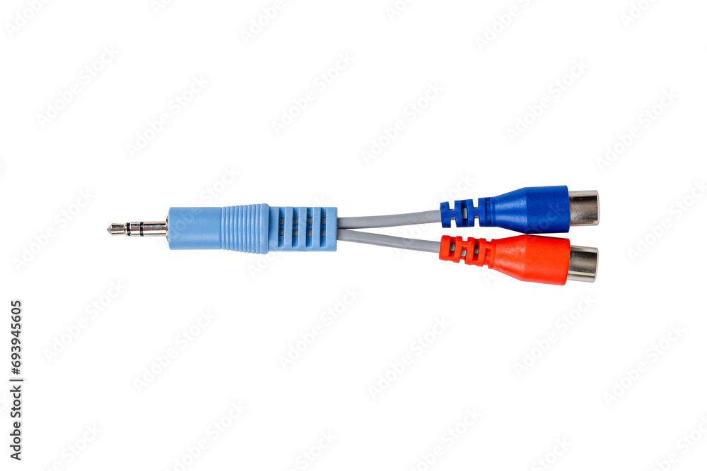Phono jack to the way RCA stereo audio adapter isolated on white background. Phono jack to the way RCA stereo audio adapter isolated on white background.
