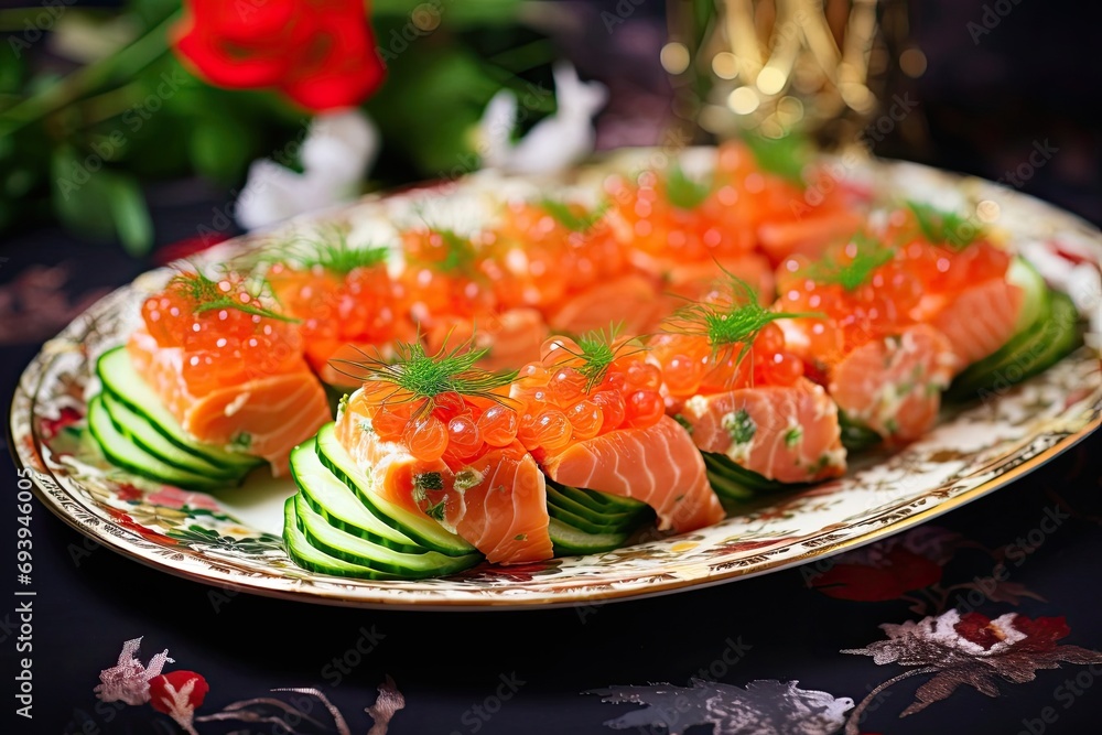 Snacks of red fish and fresh cucumber on the festive New Year's table. The recipe and the beautiful presentation. Christmas decor and table setting. Snacks of red fish and fresh cucumber on the festive New Year's table. The recipe and the beautiful presentation. Christmas decor and table setting.