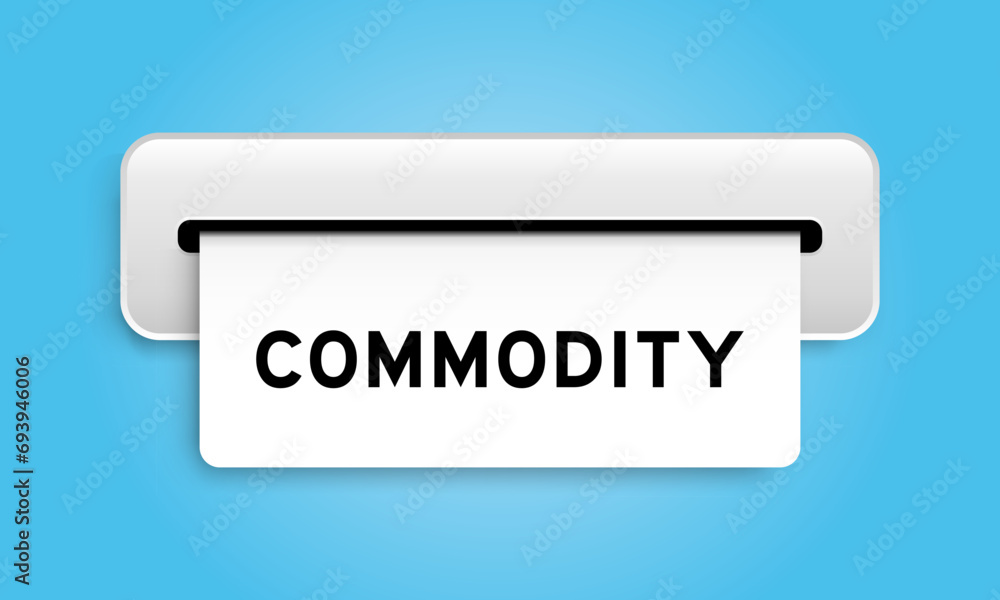 White coupon banner with word commodity from machine on blue color background White coupon banner with word commodity from machine on blue color background