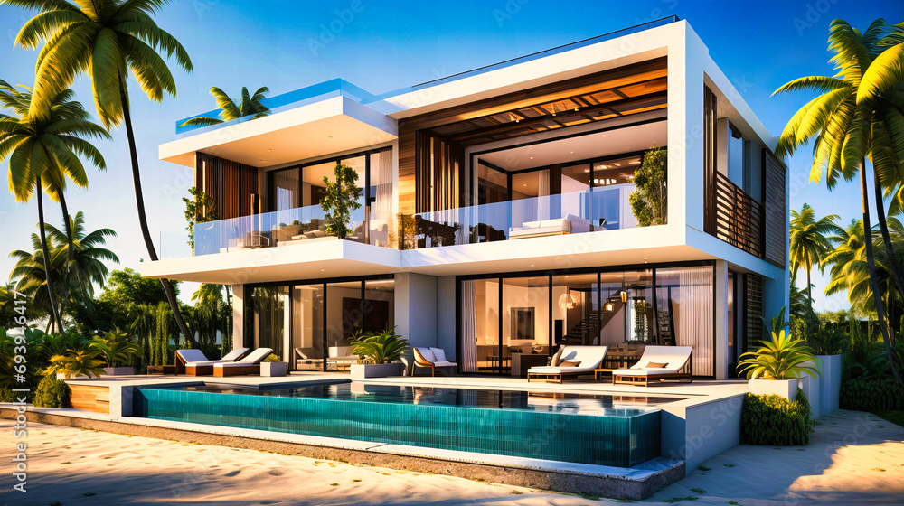 Sun-Drenched Coastal Villa, White Sand and Turquoise Waters, Tropical Paradise,