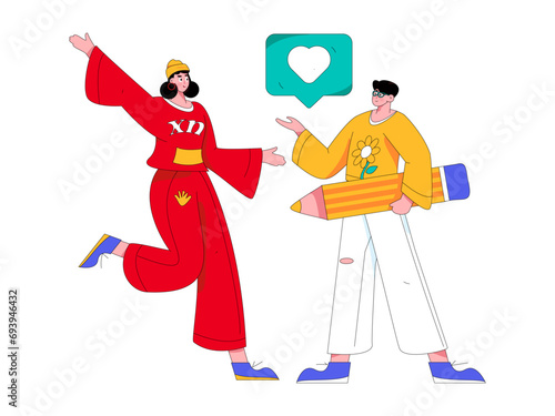 Virtual characters social communication concept business flat vector hand drawn illustration
