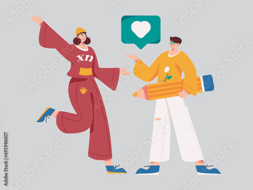 Virtual characters social communication concept business flat vector hand drawn illustration
