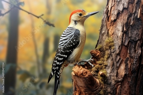 Great spotted woodpecker on a tree trunk