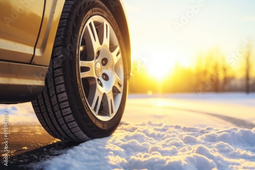 A detailed shot of a car tire covered in snow. This image can be used to depict winter driving conditions or the need for winter tires