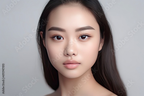 Portrait of beautiful young asian women with clean fresh skin on gray background.