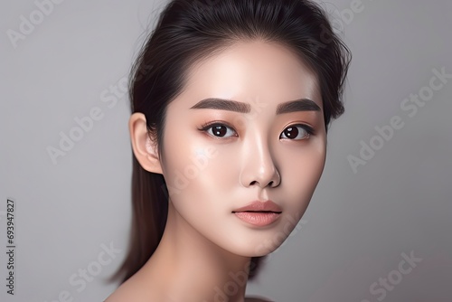 Portrait of beautiful young asian women with clean fresh skin on gray background.