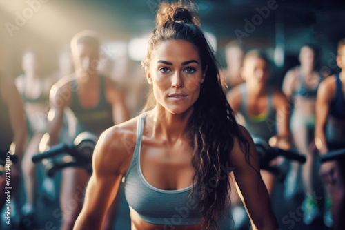 Confident Young Woman Leading Treadmill Workout photo