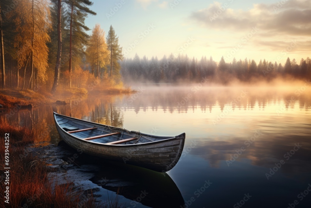 A boat sitting on top of a serene lake surrounded by a lush forest. Suitable for nature, travel, and outdoor adventure themes