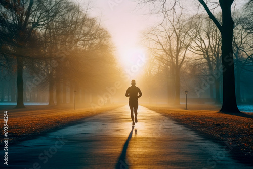Solitary Runner on Misty Morning Road