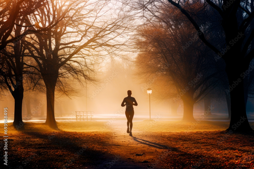 Fitness Enthusiast Running in Golden Morning Light Fitness Enthusiast Running in Golden Morning Light