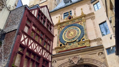 Rouen, Normandy. Cityscape view of old town, 14th century Astronomical clock, The Old Market Square, Traditional medieval city in France Christmas Decorations