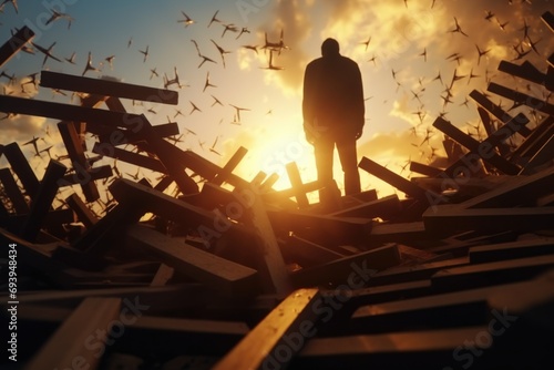A powerful image of a man standing on top of a pile of wooden crosses. This picture can be used to symbolize strength, determination, or overcoming challenges. photo