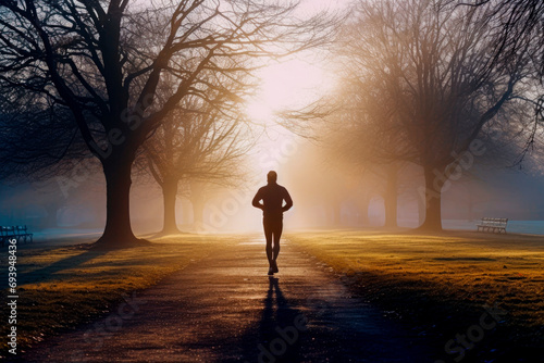 Lone Runner in a Foggy Park at Dawn