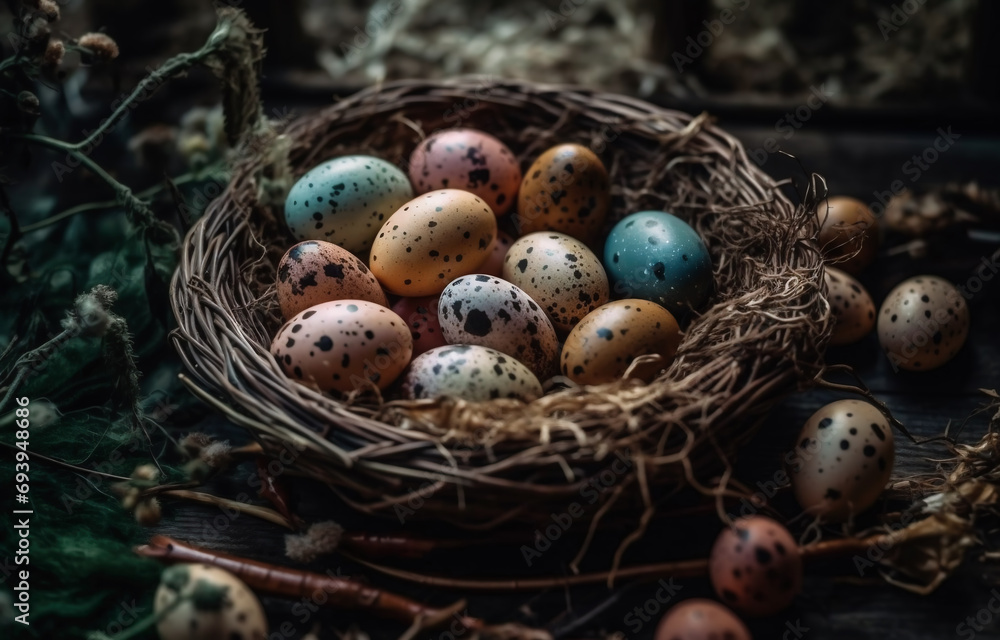 Colorful eggs in a basket on the Easter table. Elements of the Easter holidays Colorful eggs in a basket on the Easter table. Elements of the Easter holidays