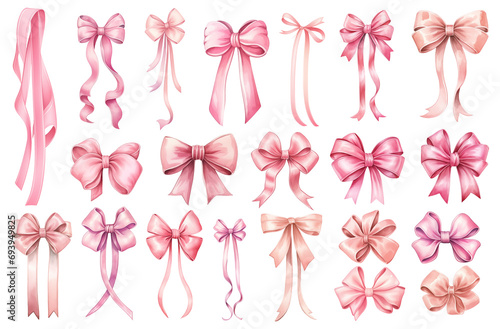 Watercolor vintage pink ribbons and bows Valentines day illustration