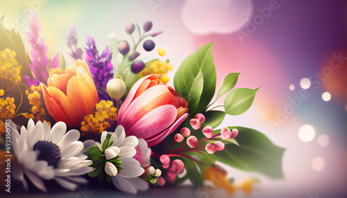 Summer blossom delicate floral bouquet on blurred multicolor bokeh background. Abstract background. Generative AI