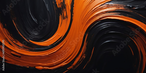 Bold orange brush strokes swirl dynamically against a black backdrop in an abstract painting.