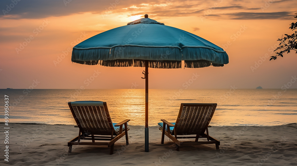 Beautiful tropical beach banner with two chairs and a blue umbrella on a tropical island sunset