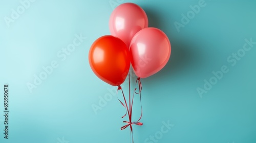 Red Rubber Balloons on blue background. Party, Birthday, Celebration.  photo