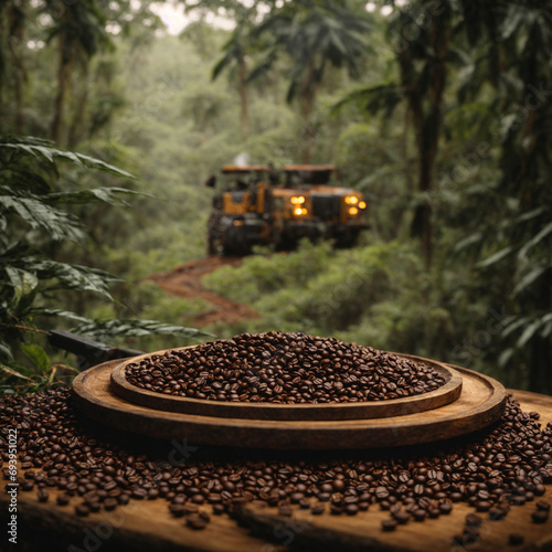 Wooden plate with roasted coffee beans in the foreground. Heavy machines cutting down rainforest trees in the background. Generative ai. Theme of deforestation for coffee cultivation.