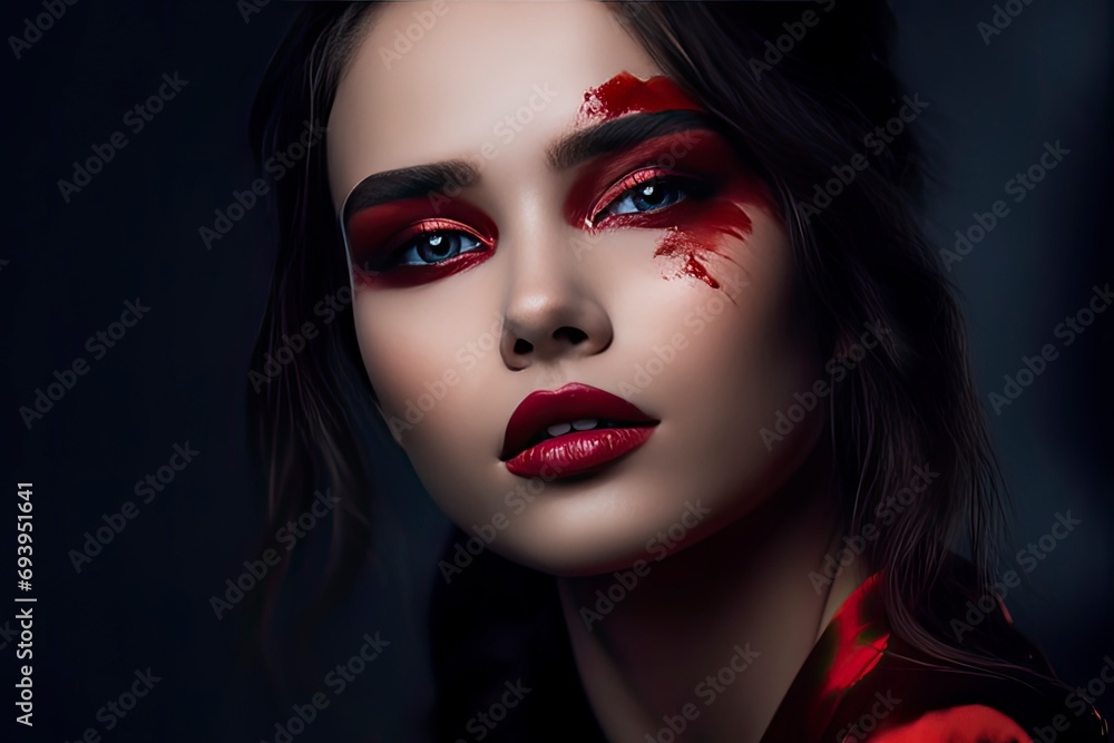 Fototapeta premium Closeup Portrait of a Female Fashion Model with Long Hair, Red Lipstick, Matte Makeup, and Wearing Beautiful Red Dress, Black Background. Fashion Editorial Concept