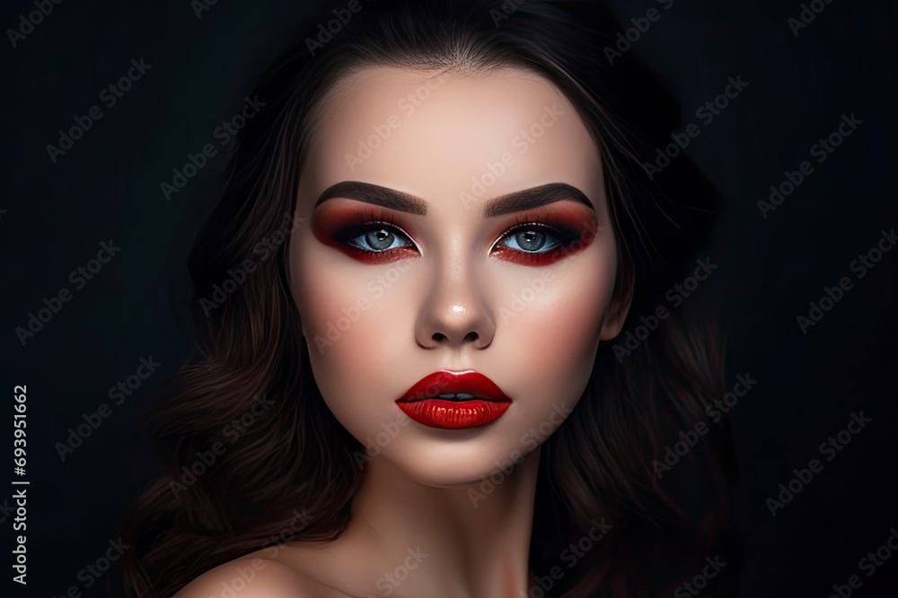 Fototapeta premium Closeup Portrait of a Female Fashion Model with Long Hair, Red Lipstick, Matte Makeup, and Wearing Beautiful Red Dress, Black Background. Fashion Editorial Concept