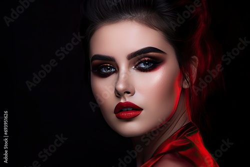 Closeup Portrait of a Female Fashion Model with Long Hair  Red Lipstick  Matte Makeup  and Wearing Beautiful Red Dress  Black Background. Fashion Editorial Concept