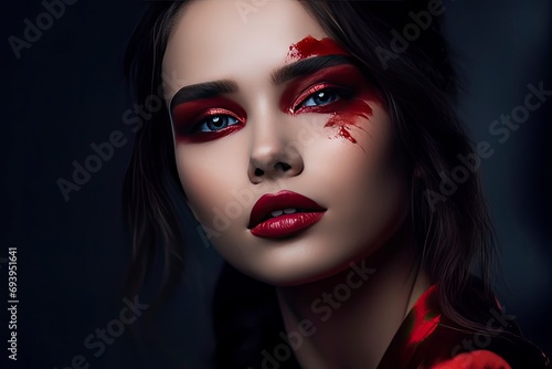 Closeup Portrait of a Female Fashion Model with Long Hair, Red Lipstick, Matte Makeup, and Wearing Beautiful Red Dress, Black Background. Fashion Editorial Concept © wildarun