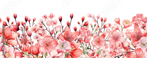 Watercolor seamless border with pink wild flowers for Valentines day romantic illustration