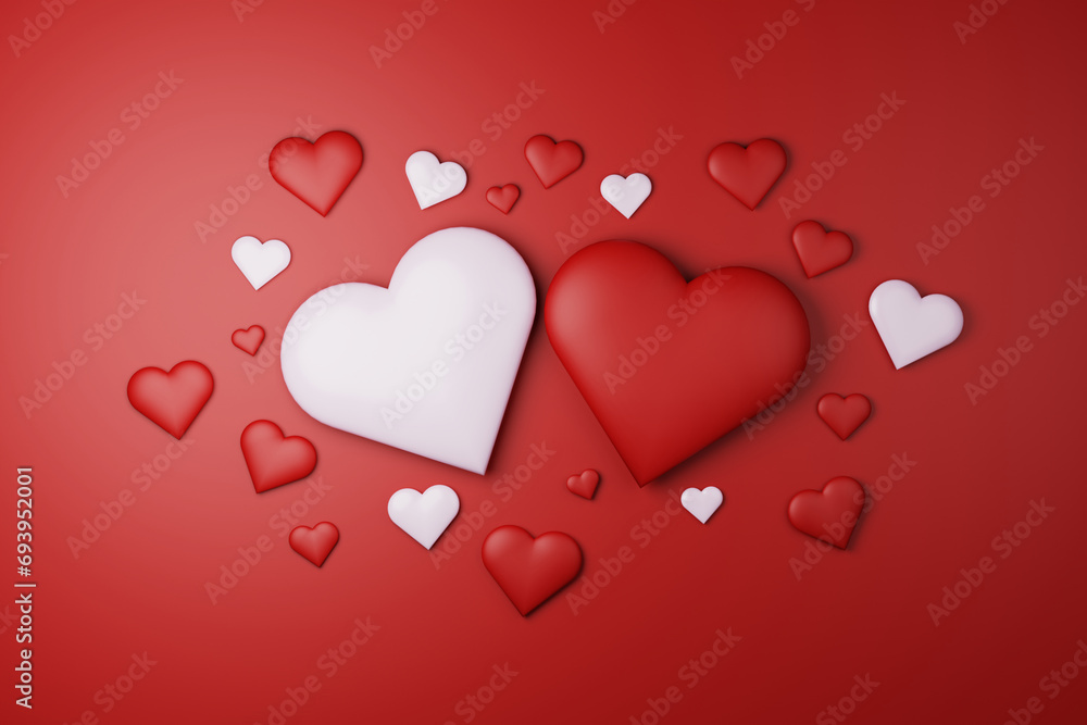 romantic red and white soft 3D rendered heart surrounded by small hearts on red surface, symbol of love valentine's, women's mother's day greeting card, background or wallpaper abstract and copy space