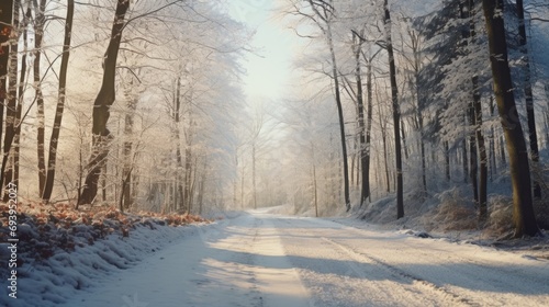 A picture of a snowy road surrounded by trees in the middle of a forest. Can be used to depict a winter landscape or a peaceful nature scene